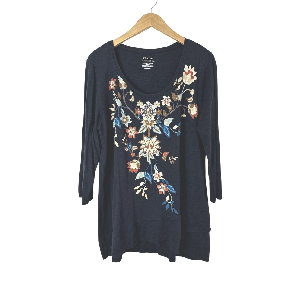Chico's Size‎ 2 Ultimate Tee Womens Large Blue Floral Embroidered Studded Tunic